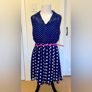 Junior’s Women’s BeBop Navy Blue Polka-dot mid short sheath collar dress belt